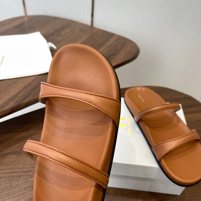 THE ROW 26S DOUBLE STRAP FLAT SANDALS IN CARAMEL BROWN CALFSKIN