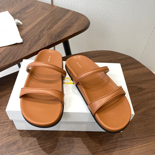 THE ROW 26S DOUBLE STRAP FLAT SANDALS IN CARAMEL BROWN CALFSKIN