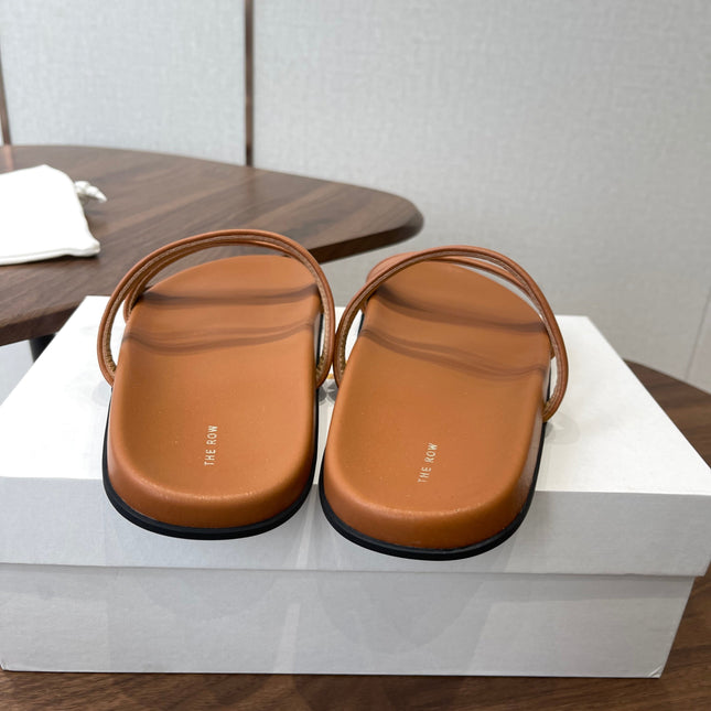 THE ROW 26S DOUBLE STRAP FLAT SANDALS IN CARAMEL BROWN CALFSKIN