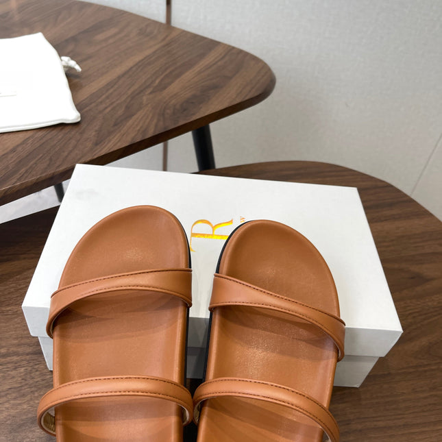 THE ROW 26S DOUBLE STRAP FLAT SANDALS IN CARAMEL BROWN CALFSKIN