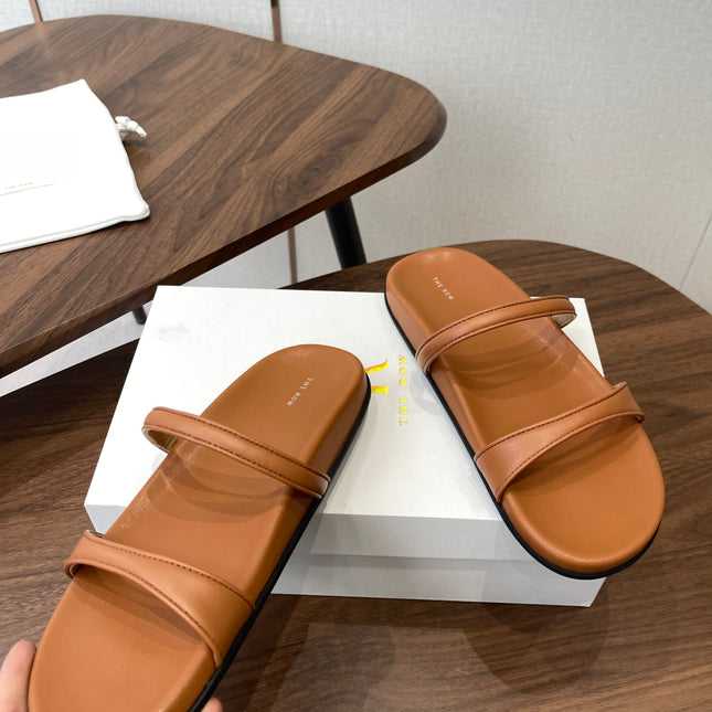 THE ROW 26S DOUBLE STRAP FLAT SANDALS IN CARAMEL BROWN CALFSKIN