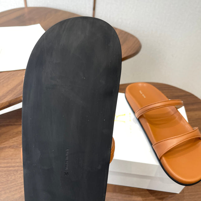 THE ROW 26S DOUBLE STRAP FLAT SANDALS IN CARAMEL BROWN CALFSKIN