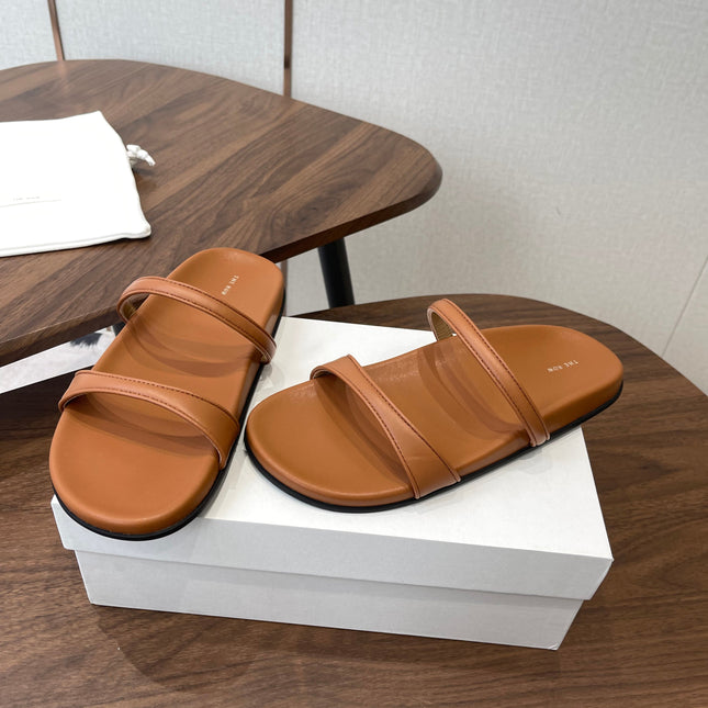 THE ROW 26S DOUBLE STRAP FLAT SANDALS IN CARAMEL BROWN CALFSKIN