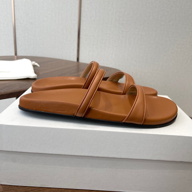 THE ROW 26S DOUBLE STRAP FLAT SANDALS IN CARAMEL BROWN CALFSKIN