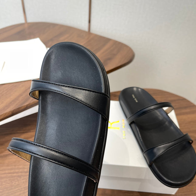 THE ROW 26S DOUBLE STRAP FLAT SANDALS IN BLACK CALFSKIN