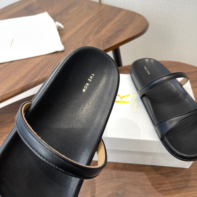 THE ROW 26S DOUBLE STRAP FLAT SANDALS IN BLACK CALFSKIN