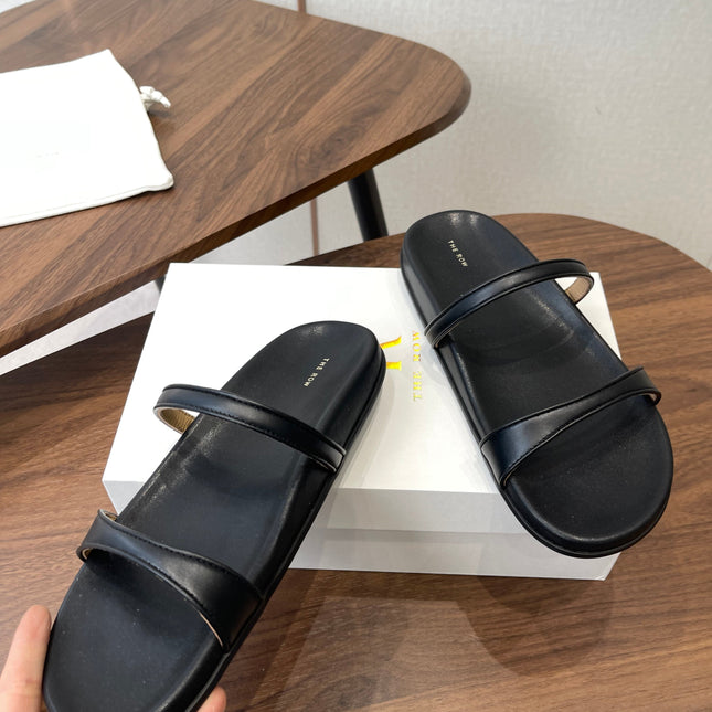 THE ROW 26S DOUBLE STRAP FLAT SANDALS IN BLACK CALFSKIN