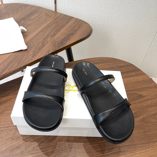 THE ROW 26S DOUBLE STRAP FLAT SANDALS IN BLACK CALFSKIN