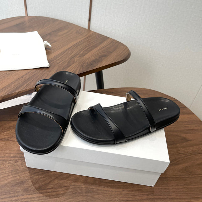 THE ROW 26S DOUBLE STRAP FLAT SANDALS IN BLACK CALFSKIN