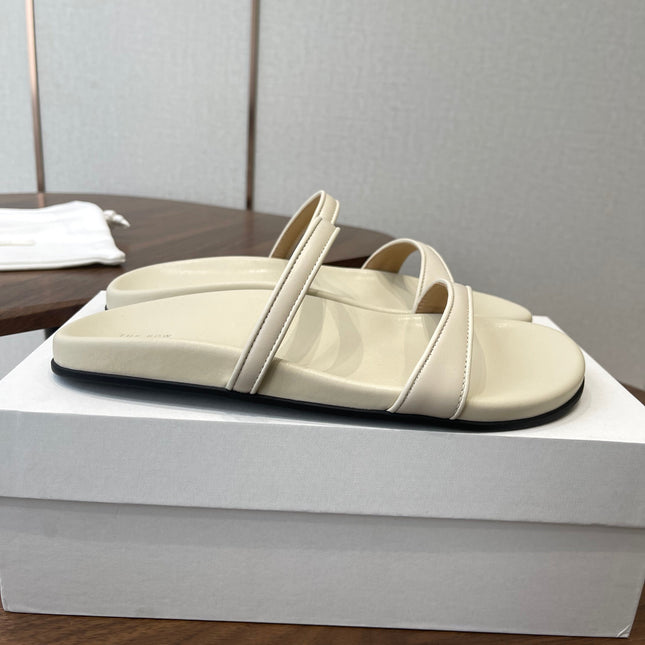 THE ROW 26S DOUBLE STRAP FLAT SANDALS IN IVORY WHITE CALFSKIN