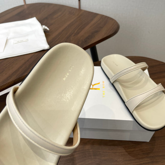THE ROW 26S DOUBLE STRAP FLAT SANDALS IN IVORY WHITE CALFSKIN