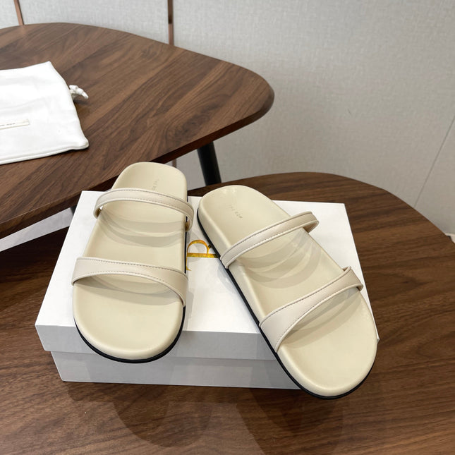 THE ROW 26S DOUBLE STRAP FLAT SANDALS IN IVORY WHITE CALFSKIN