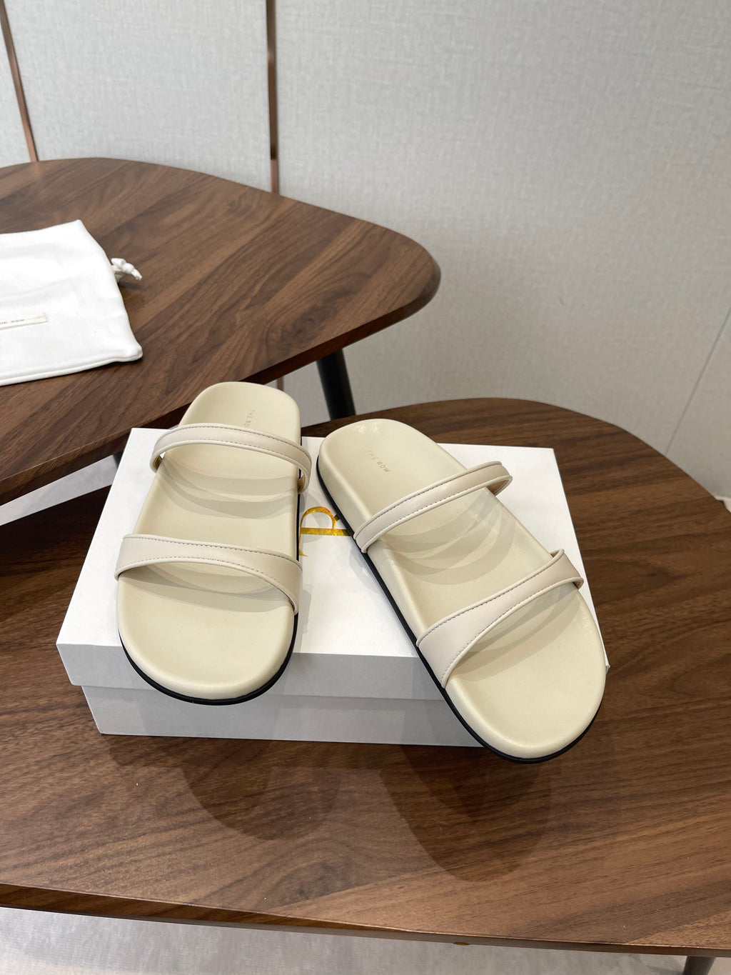 THE ROW 26S DOUBLE STRAP FLAT SANDALS IN IVORY WHITE CALFSKIN