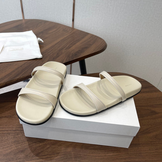 THE ROW 26S DOUBLE STRAP FLAT SANDALS IN IVORY WHITE CALFSKIN