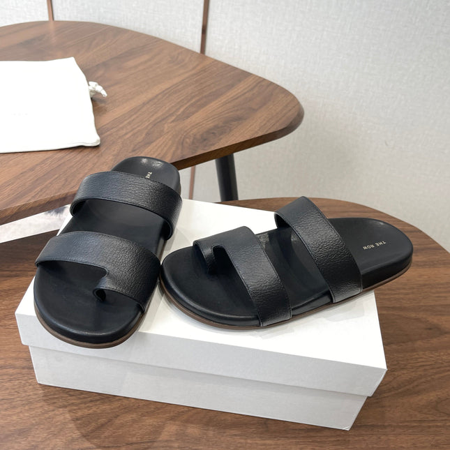 THE ROW 26S DOUBLE STRAP TOE LOOP SLIDE SANDALS IN BLACK CALFSKIN