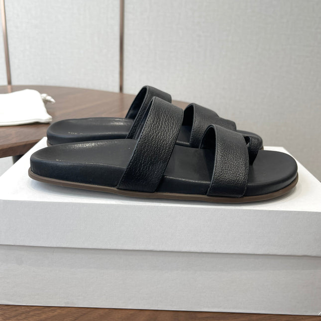 THE ROW 26S DOUBLE STRAP TOE LOOP SLIDE SANDALS IN BLACK CALFSKIN