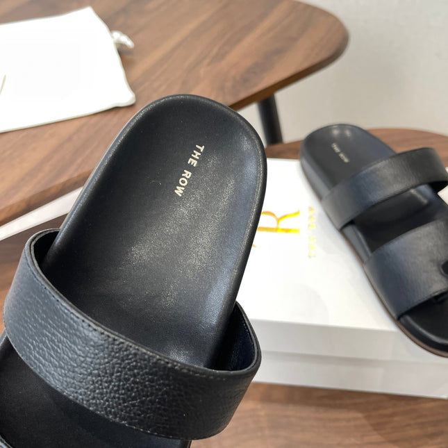 THE ROW 26S DOUBLE STRAP TOE LOOP SLIDE SANDALS IN BLACK CALFSKIN