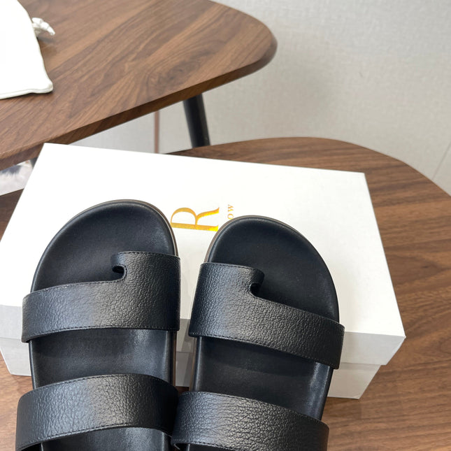 THE ROW 26S DOUBLE STRAP TOE LOOP SLIDE SANDALS IN BLACK CALFSKIN