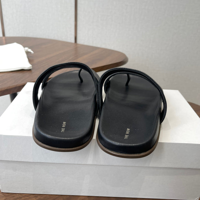 THE ROW 26S DOUBLE STRAP TOE LOOP SLIDE SANDALS IN BLACK CALFSKIN