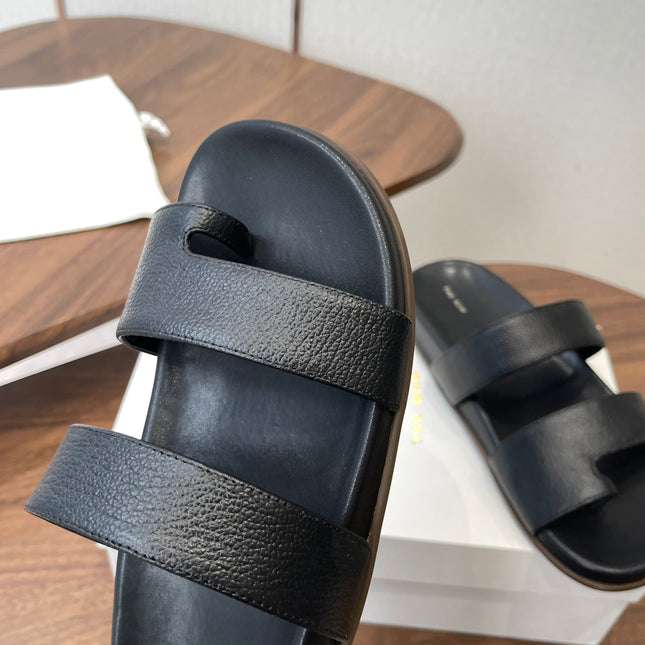 THE ROW 26S DOUBLE STRAP TOE LOOP SLIDE SANDALS IN BLACK CALFSKIN