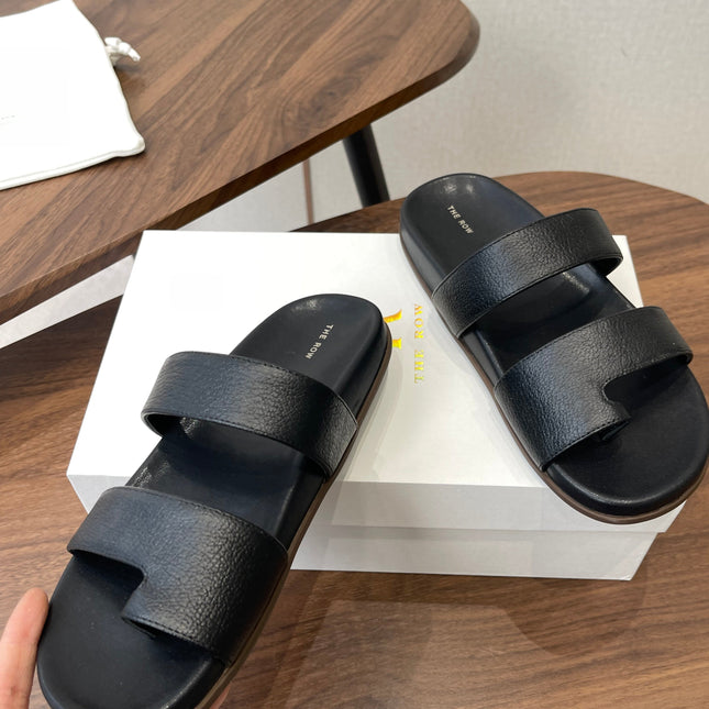THE ROW 26S DOUBLE STRAP TOE LOOP SLIDE SANDALS IN BLACK CALFSKIN