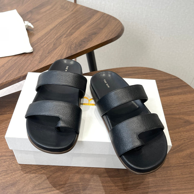 THE ROW 26S DOUBLE STRAP TOE LOOP SLIDE SANDALS IN BLACK CALFSKIN