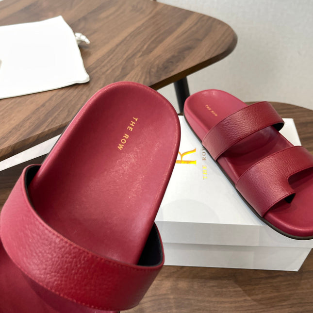 THE ROW 26S DOUBLE STRAP TOE LOOP SLIDE SANDALS IN DARK RED CALFSKIN