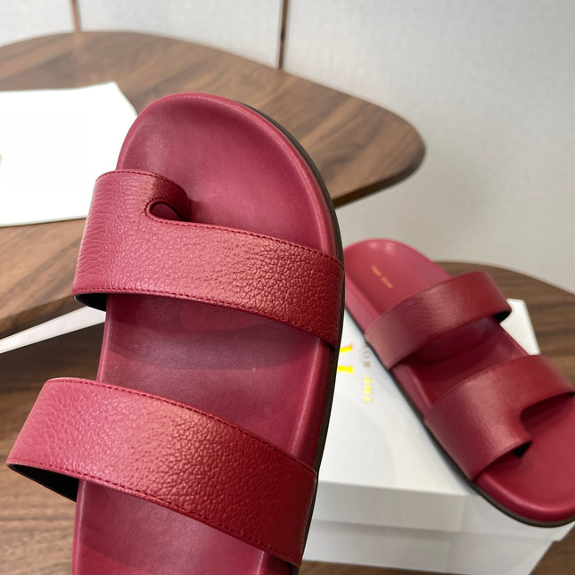 THE ROW 26S DOUBLE STRAP TOE LOOP SLIDE SANDALS IN DARK RED CALFSKIN