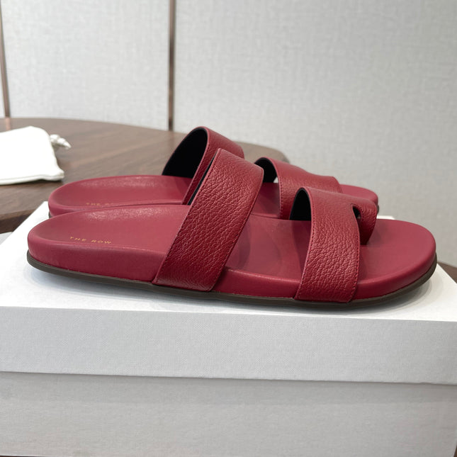 THE ROW 26S DOUBLE STRAP TOE LOOP SLIDE SANDALS IN DARK RED CALFSKIN