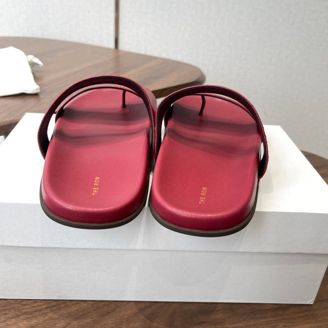 THE ROW 26S DOUBLE STRAP TOE LOOP SLIDE SANDALS IN DARK RED CALFSKIN