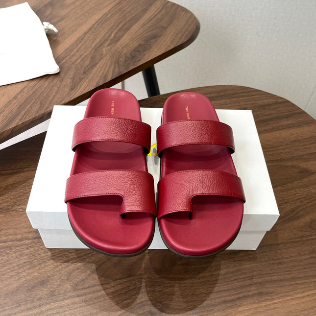 THE ROW 26S DOUBLE STRAP TOE LOOP SLIDE SANDALS IN DARK RED CALFSKIN