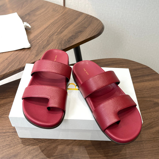 THE ROW 26S DOUBLE STRAP TOE LOOP SLIDE SANDALS IN DARK RED CALFSKIN
