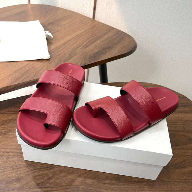 THE ROW 26S DOUBLE STRAP TOE LOOP SLIDE SANDALS IN DARK RED CALFSKIN