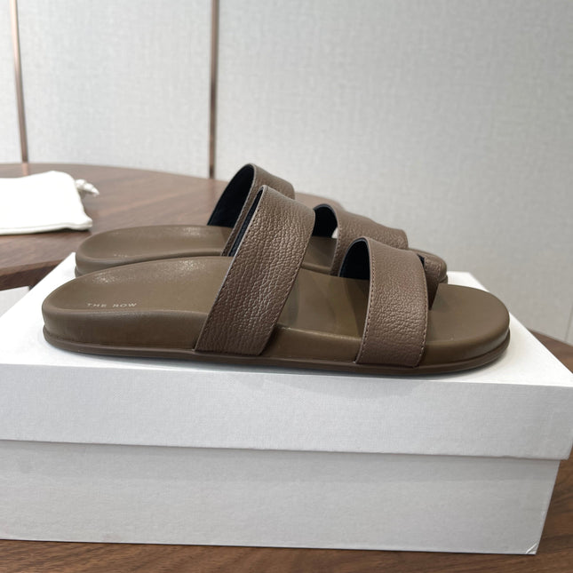 THE ROW 26S DOUBLE STRAP TOE LOOP SLIDE SANDALS IN BROWN CALFSKIN