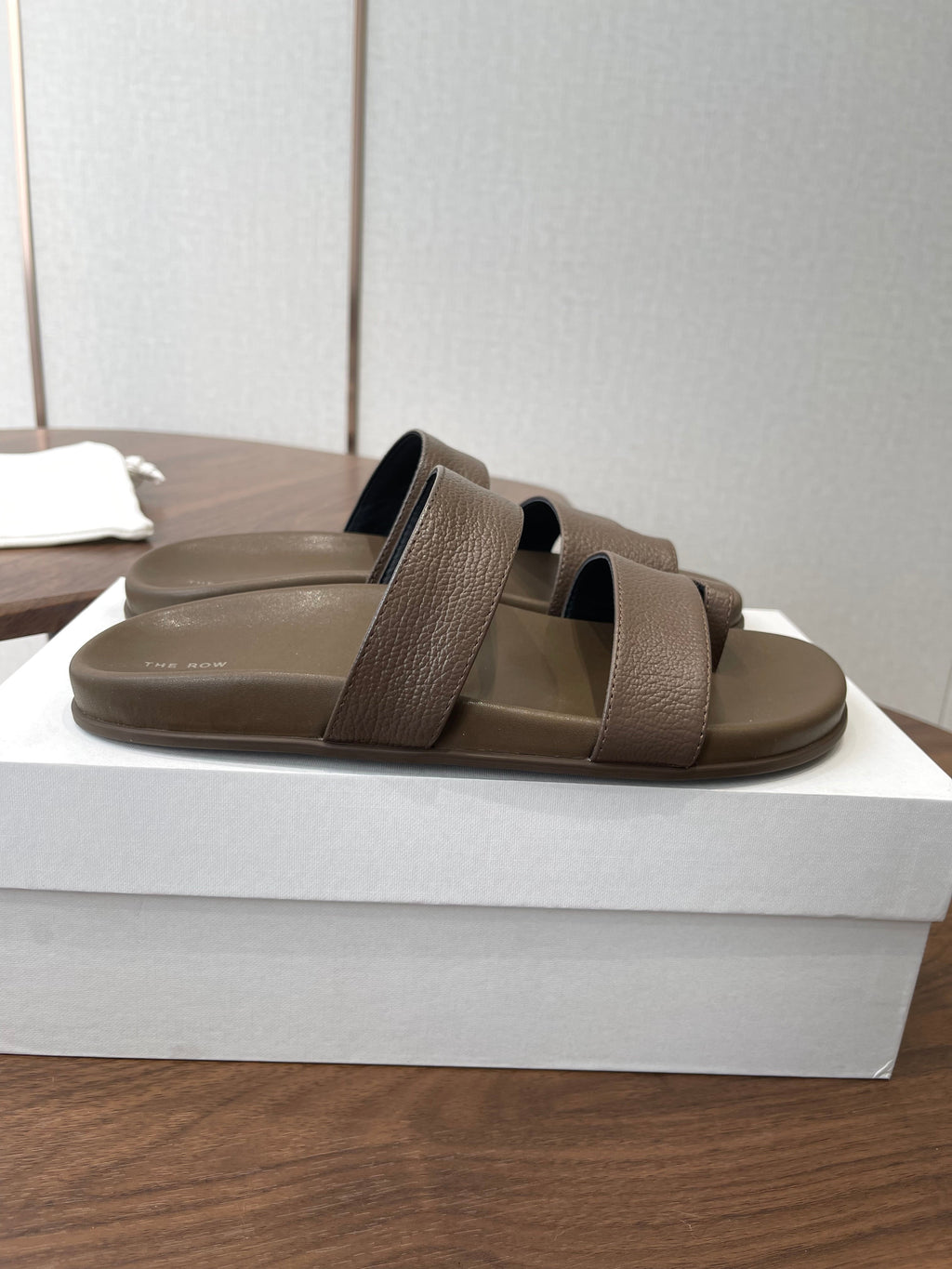 THE ROW 26S DOUBLE STRAP TOE LOOP SLIDE SANDALS IN BROWN CALFSKIN