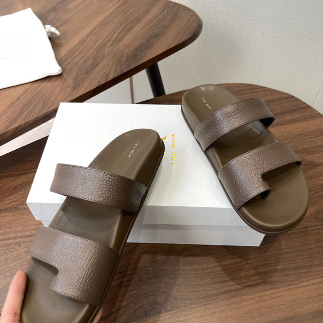 THE ROW 26S DOUBLE STRAP TOE LOOP SLIDE SANDALS IN BROWN CALFSKIN