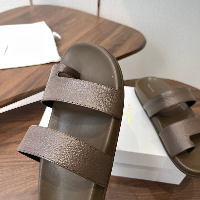 THE ROW 26S DOUBLE STRAP TOE LOOP SLIDE SANDALS IN BROWN CALFSKIN