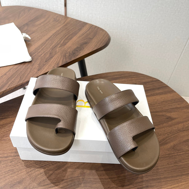 THE ROW 26S DOUBLE STRAP TOE LOOP SLIDE SANDALS IN BROWN CALFSKIN