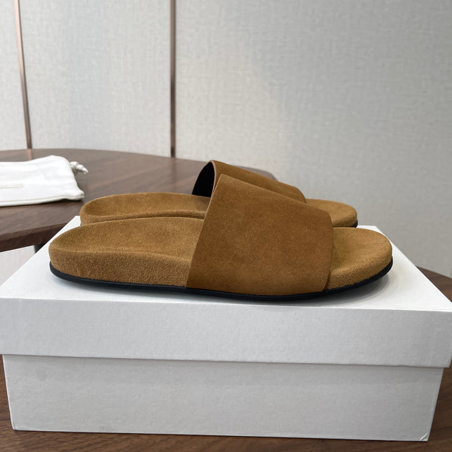 THE ROW 26S SLIDE SANDALS IN GOLD BROWN SUEDE