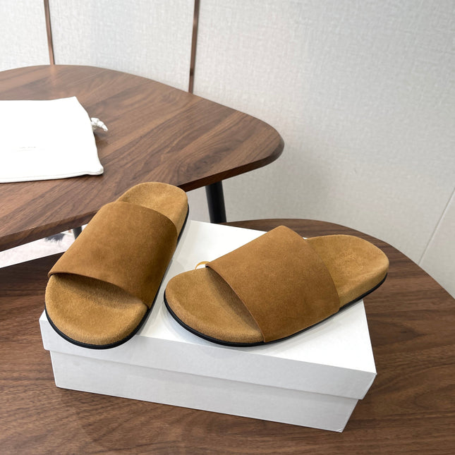 THE ROW 26S SLIDE SANDALS IN GOLD BROWN SUEDE