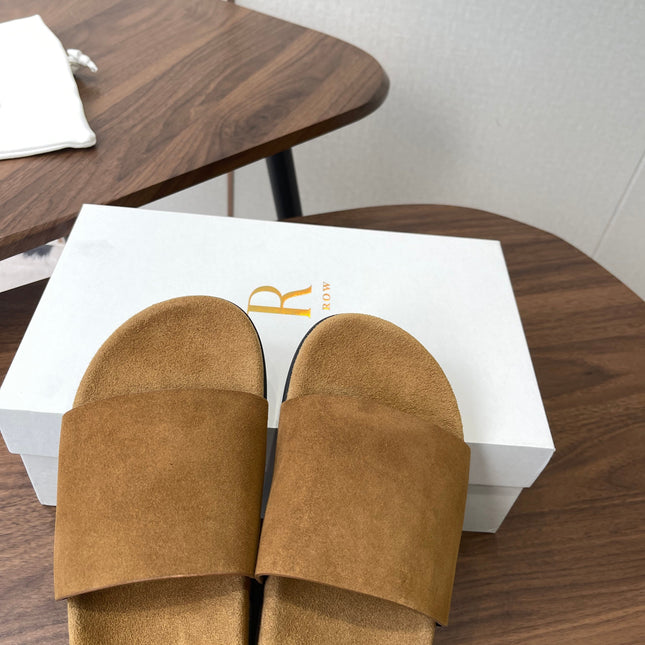 THE ROW 26S SLIDE SANDALS IN GOLD BROWN SUEDE