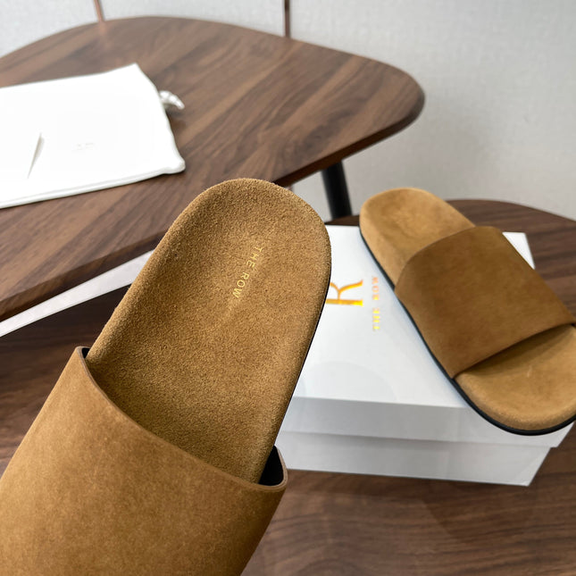 THE ROW 26S SLIDE SANDALS IN GOLD BROWN SUEDE