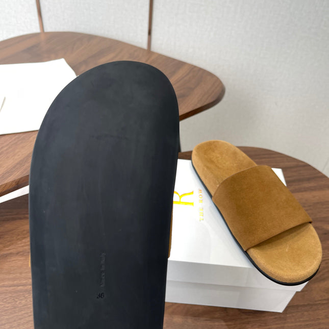 THE ROW 26S SLIDE SANDALS IN GOLD BROWN SUEDE