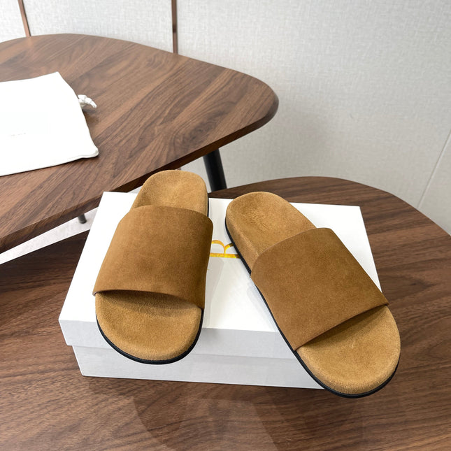 THE ROW 26S SLIDE SANDALS IN GOLD BROWN SUEDE