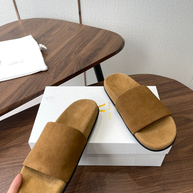 THE ROW 26S SLIDE SANDALS IN GOLD BROWN SUEDE