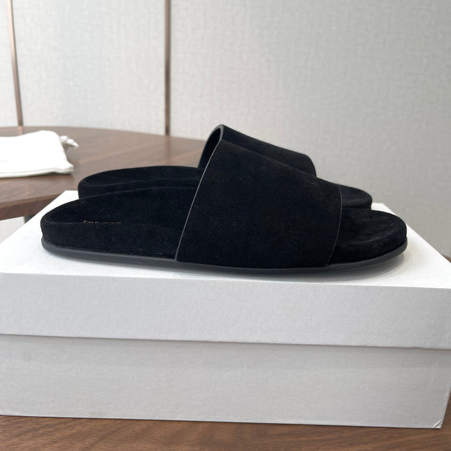 THE ROW 26S SLIDE SANDALS IN BLACK SUEDE