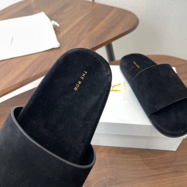 THE ROW 26S SLIDE SANDALS IN BLACK SUEDE