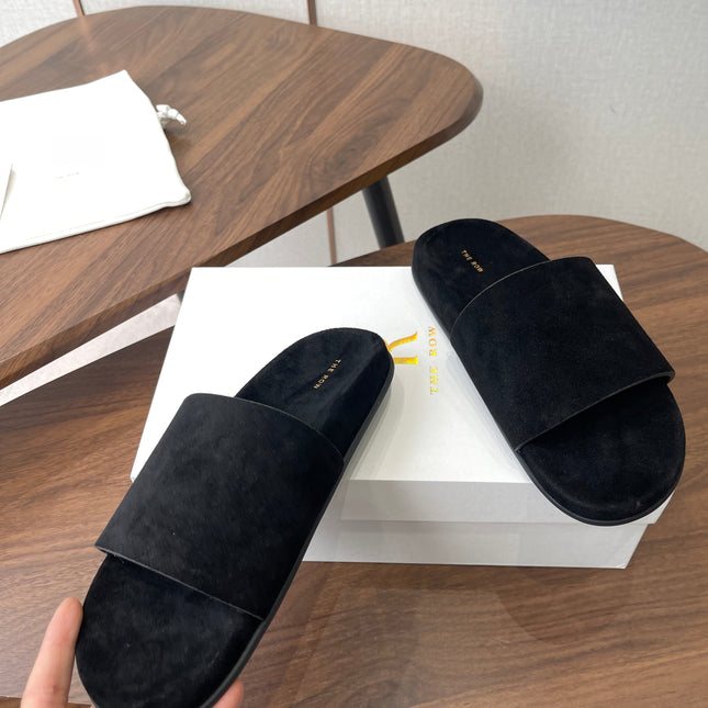 THE ROW 26S SLIDE SANDALS IN BLACK SUEDE