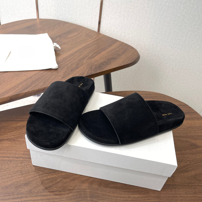THE ROW 26S SLIDE SANDALS IN BLACK SUEDE