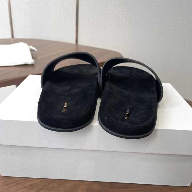 THE ROW 26S SLIDE SANDALS IN BLACK SUEDE